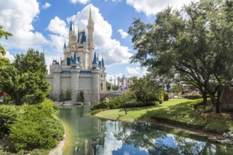 Orlando, Florida – Sept 4: The famous Disney Magic Kingdom Castle and its mirror reflection on the