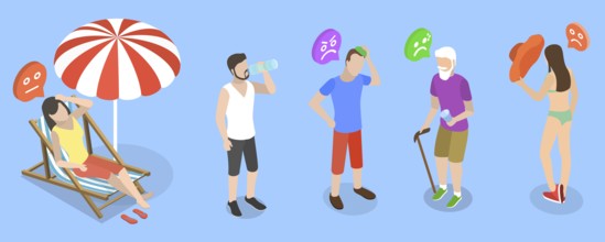 3D Isometric Flat Illustration of Extreme Hot Weather, Individuals Experiencing Excessive Heat