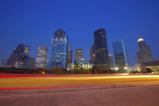 Houston downtown skyline at sunset dusk in Texas US USA