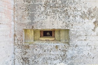 Closeup of an old machine gun opening in a old concrete WW2 bunker with machine gun, Hostikka,