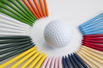 The different colorful wooden golf tees on the white background