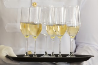 Waiter holds a tray of white wine, champagne and water