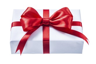 White present box with red ribbon isolated on white