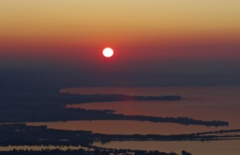 Sunset on Lake Constance, view from the Pfänder to the mouth of the Rhine into Lake Constance