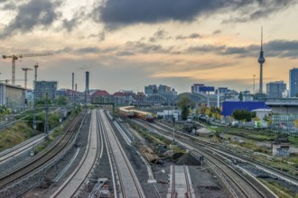 Berlin metro railway tracks with TV Tower in background
