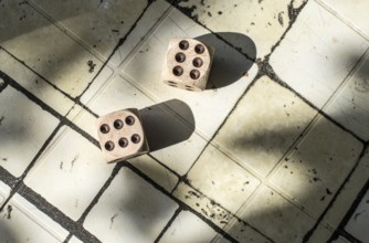 Two wooden dices on table