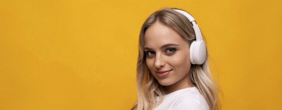 Smiling woman listening to music in white headphones on orange background with empty space