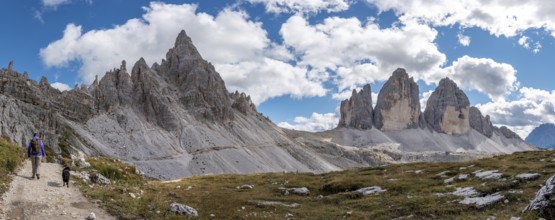 A female person hiking lonely with her dog around the Drei Zinnen mountains, the Dolomites in South