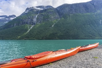 Beautiful landscape at the glacier lake in Loen in Norway during summer time