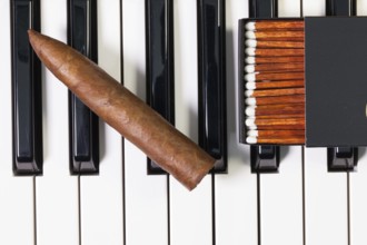 Detail of piano keyboard and luxury cigar