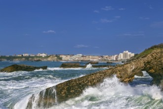 Waves crashing on rocks on the Bay of Biscay in Biarritz, France, Europe