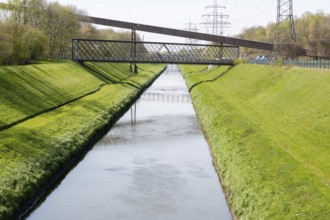 Electric pylons with canal in the landscape