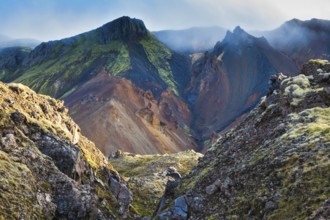 The picturesque valley surrounded by rhyolite mountains. Summer morning in the National Park