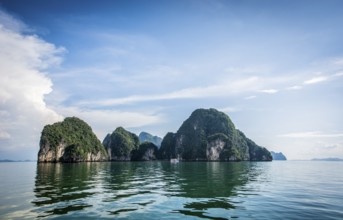 Beautiful lagoon landscape rounded with mountains in Phuket island, Thailand. Horizontal outdoors