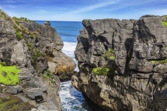 Narrow fjord among unique pancake rocks, natural wonder of Paparoa National Park. Scenic coastline,