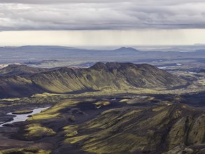 View from Mount Sveinstindur, volcanic landscape, moss-covered hills, mountains, Icelandic