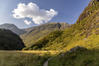 Hiking trail in the high valley, at the foot of Ben Nevis, Fort William, Highlands, Scotland, Great