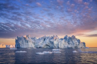 Large glaciers in the bay by the rocky shore in the light of the setting sun