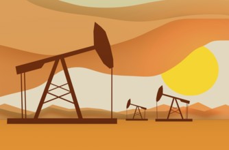 Oil pumps in sun down. Energy and power relative backdrop