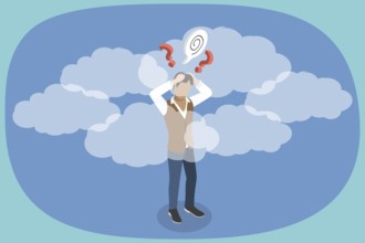 3D Isometric Flat Illustration of Clouded Mind, Depressed Young Man with Cloudy Thoughts