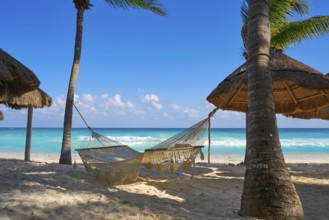 Playa del Carmen beach hammocks in Riviera Maya Caribbean at Mayan Mexico