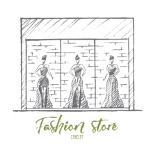 Vector hand drawn Fashion store concept sketch. Stylish female mannequins in gorgeous evening