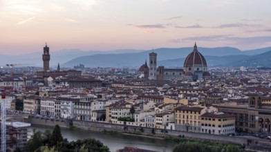 Skyline of downtown Florence during sunset, seen from the famous Piazzale Michelangelo, Italy,