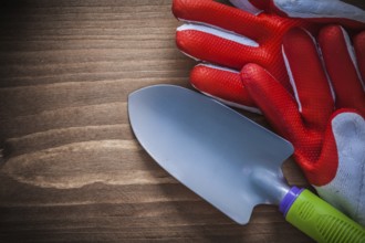 Safety gloves and metal trowel on wooden background