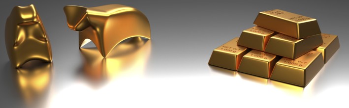 Bear and bull with stacked fine gold bars on a shiny background, 3d rendering, financial concept
