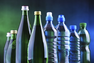 Composition with different sorts of bottles containing mineral water