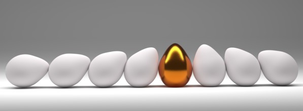 One golden Easter egg with many natural white eggs on a studio background, 3d rendering