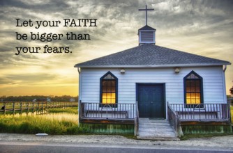 The historic chapel on Pawleys Island at sunset with inspirational faith-based text