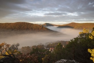 Mystical sunrise at the Wachtfelsen. Fascinating landscape shot between fog and clouds near