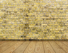 Room interior vintage with yellow brick wall and wood floor background