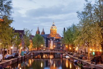 Red Light District in Amsterdam at dusk in Netherlands, North Holland province
