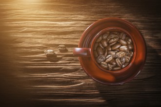 Coffee grain cup saucer on vintage wooden board