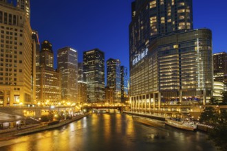 Chicago, USA, August 13th 2015: The night time view of Chicago River and surrounding buildings from