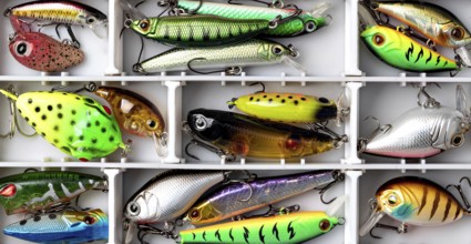 hard silicone lures in a box isolated on white