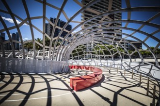 The iconic architecture of Webb Bridge on a warm spring morning in the Docklands area of Melbourne,