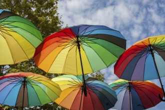 Rows Umbrellas floating above the street protecting from Sunlight