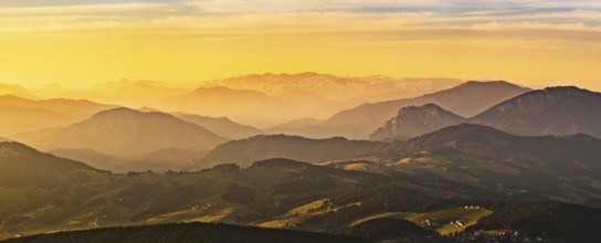 Panorama landscape view during sunset in spring from Graz Schockl mountain in Styria, Austria.