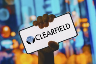 In this photo illustration, the Clearfield logo is displayed on a smartphone screen