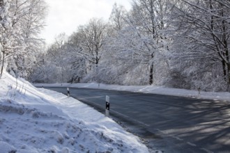 The road L707 in winter, between Reblin and Valbert, Meinerzhagen, Nordhelle, Ebbe Mountain Nature