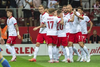 WARSAW, POLAND - JUNE 7, 2024: Friendly soccer match Poland - Ukraine 3:1. Joy team of Poland after
