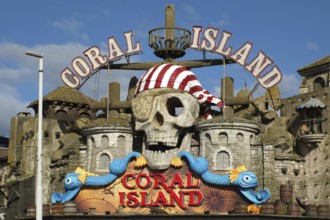 Blackpool, Lancashire, United Kingdom, 5 March 2022: pirate themed sign above the coral island fun