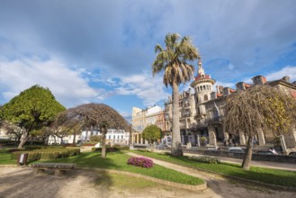 Ribadeo, Spain, November 21, 2018: Ribadeo main square and Torre dos moreno, Ribadeo, Galicia,