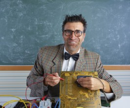 Nerd electronics technician retro teacher silly expression working in pcb