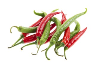 Fresh red and green hot chili peppers on white background