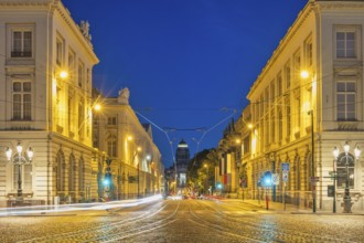 Brussels Belgium, night city skyline at Law Courts of Brussels (Palais de Justice) with traffic