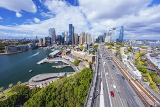 SYDNEY, AUSTRALIA, MARCH 4 2023: The Sydney CBD and surrounding harbour, including Circular Quay